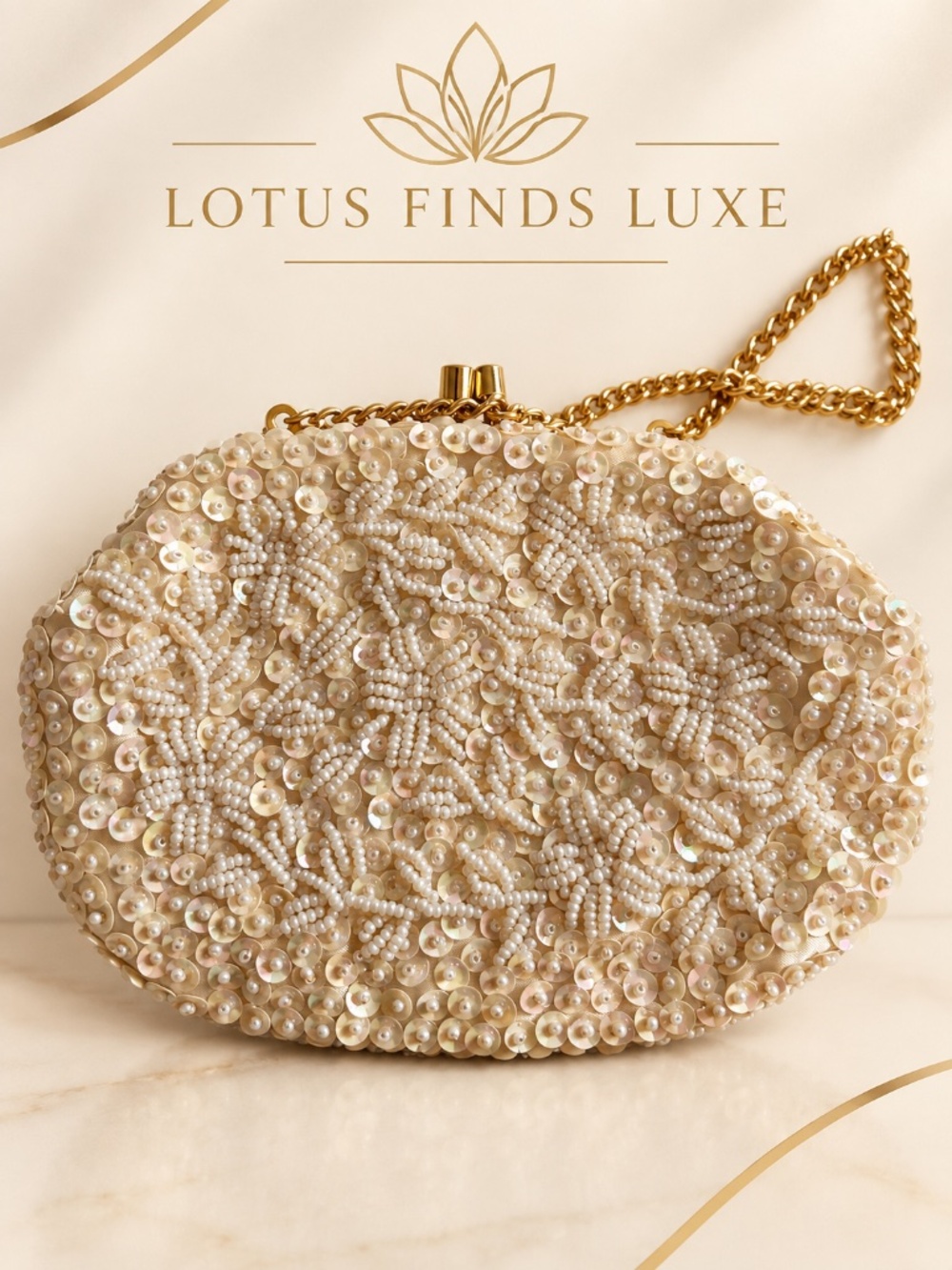 Vintage Handmade Beaded Sequin Evening Bag Gold Chain 7” x 4”